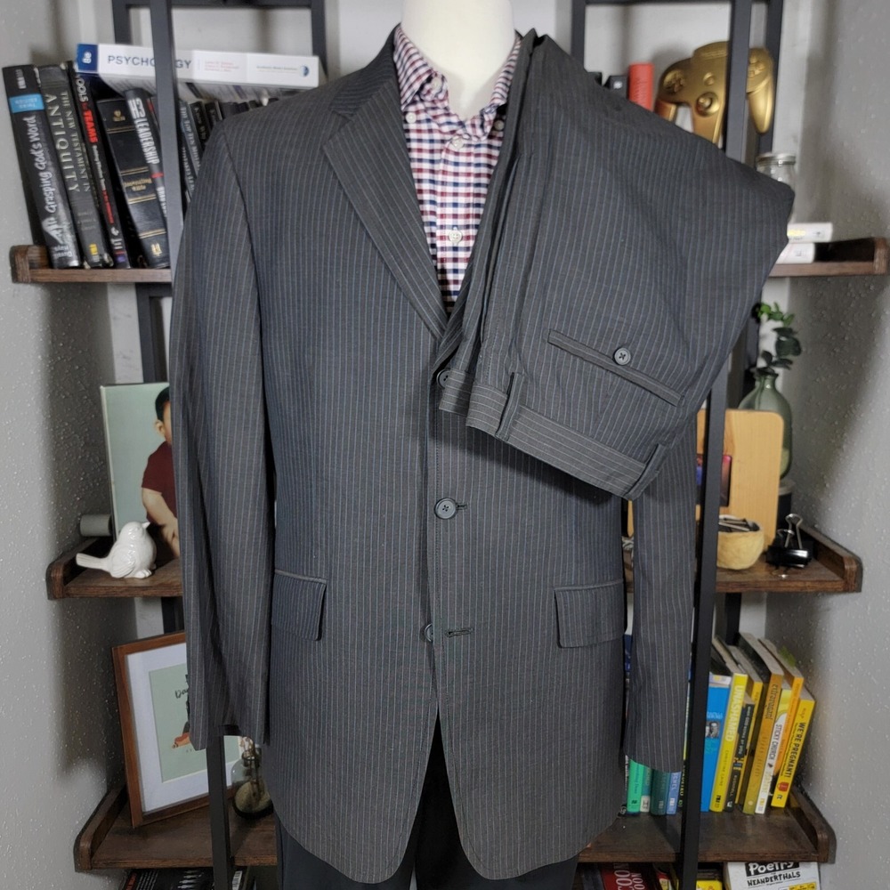 Banana Republic Men's 2PC Sport Coat Pants Gray Striped Cotton‎ Size 44R 36x29